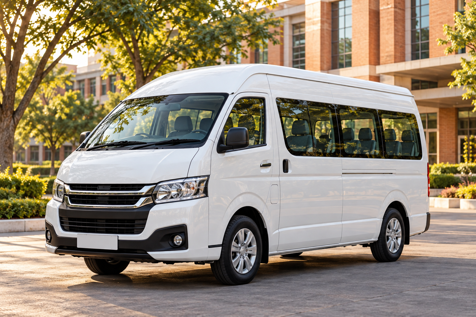 Student van outside college buildings